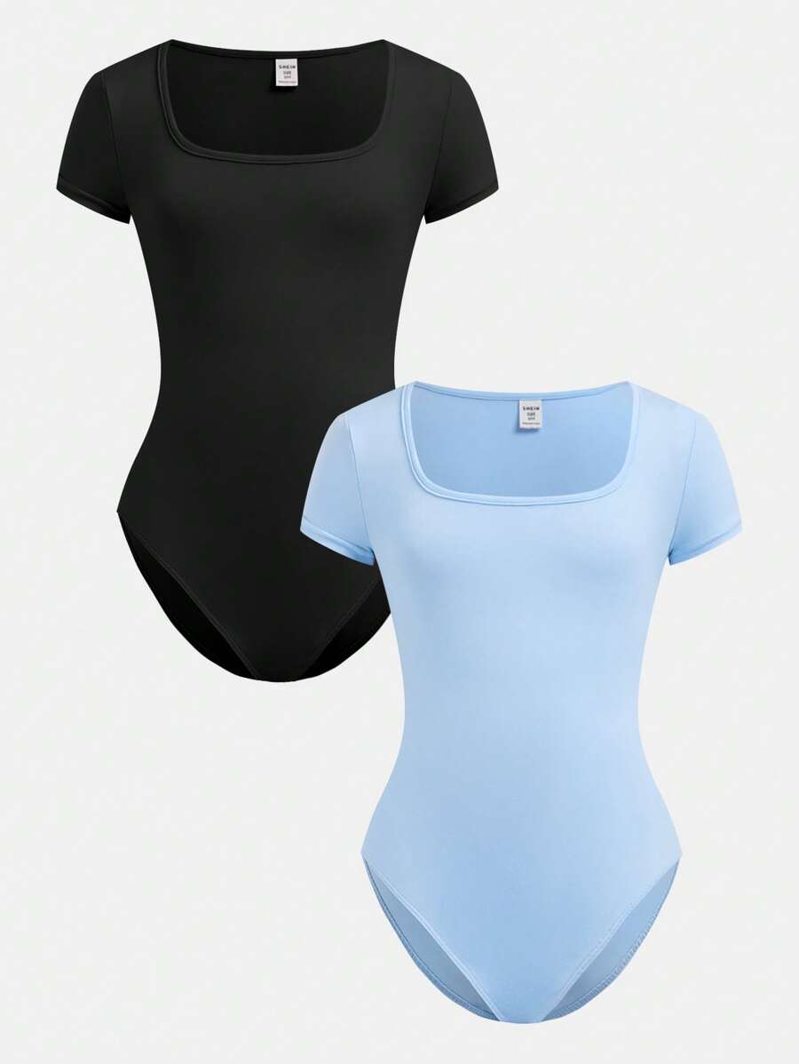 2pcs/Set Tween Girls Slim Fit Knitted Square Neck Basic Short Sleeve Jumpsuit - Baby Blue - View 1