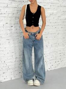 SHEIN EZwear Chaleco corto de mujer de unicolor con un solo botón, versátil y casual - Negro - Ver 4