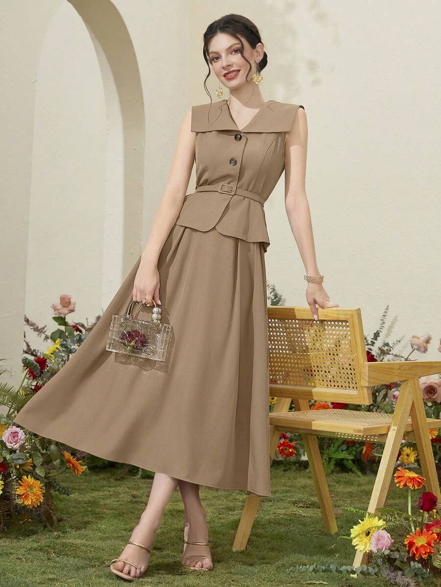 Modelyn 女士优雅两件套，包含一件前扣无袖上衣和一条飘逸的裙子 2 件套