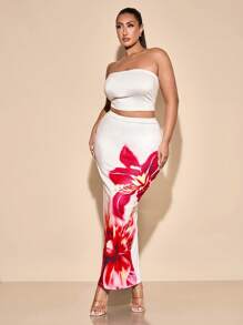 SHEIN BAE Women's Plus Size Summer Marble Romantic Big Flowers Print Bandeau Top And Wrinkle Asymmetric Skirt Set - Multicolor - View 3