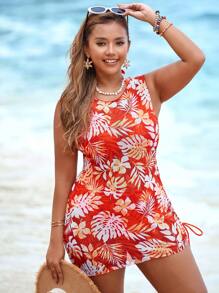 Swim Lushoire Plus Size Women 3-Piece Tropical Leaf Print Tankini Set & Drawstring Sleeveless Cover Up, Hawaii Outfit - Multicolor - View 7