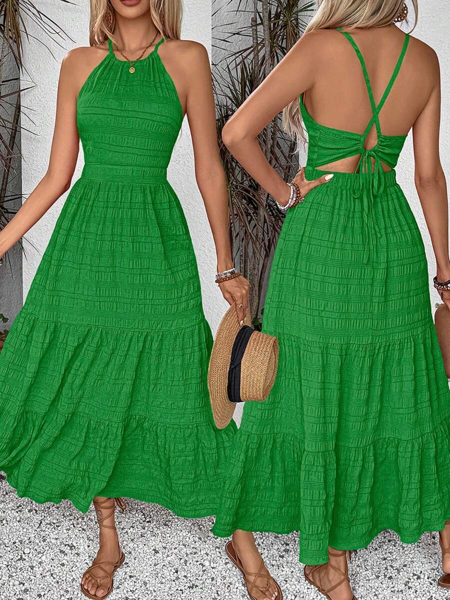 Breezaya 女士休闲系带褶皱下摆长裙超长度假海滩装 - 綠色 - 查看 1