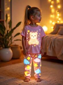 2 件装婴儿/女婴可爱动物印花短袖连体衣和裤子睡衣套装