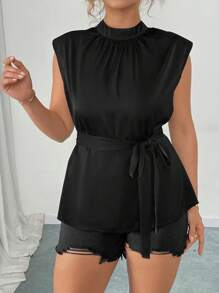 SHEIN Clasi Áo sơ mi không tay cổ đứng trơn cỡ lớn bằng vải satin thắt lưng, mùa xuân/hè - màu đen - Xem 1
