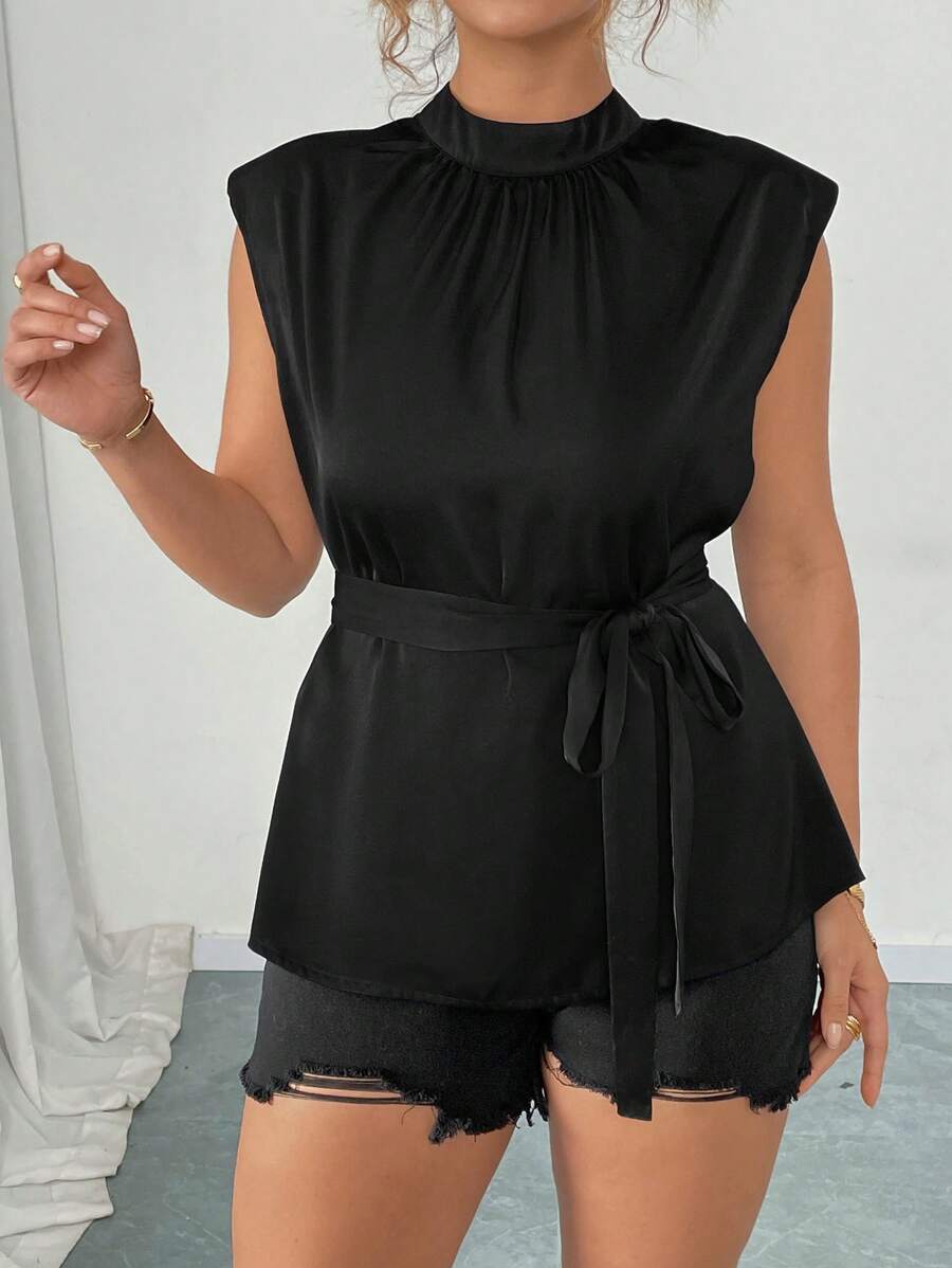 SHEIN Clasi Áo sơ mi không tay cổ đứng trơn cỡ lớn bằng vải satin thắt lưng, mùa xuân/hè - màu đen - Xem 1