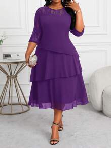 Fleurora Vestido midi de encaje con costuras, volantes y mangas huecas, para mujeres de talla grande, profesionales de negocios, en color púrpura. Ropa y vestidos de profesora, vestidos de otoño, vestidos de encaje, para las cuatro estaciones