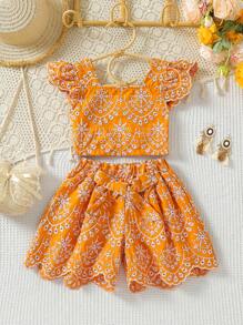 SHEIN 2pcs/Set Girls Summer Outfit, Sleeveless Ruffle Trim Crop Top With Belt - Orange - View 1