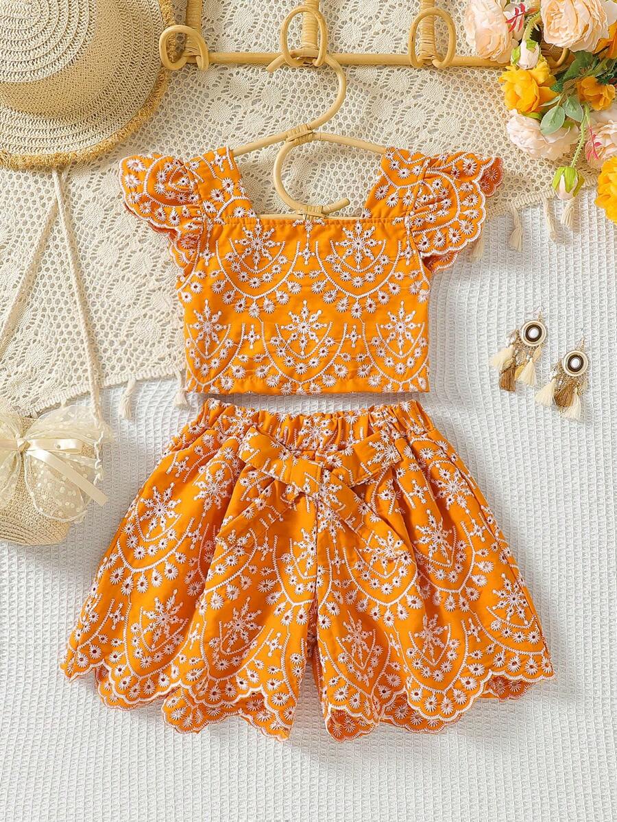 SHEIN 2pcs/Set Girls Summer Outfit, Sleeveless Ruffle Trim Crop Top With Belt - Orange - View 1