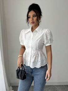 Gloray Hollow Puff Sleeve Wave Hem Elegant Office Lady Style Women Blouse, Summer
