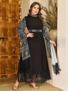 Al Najma Plus Size Stylish Casual Print Patchwork Tassel Cuff Long Sleeve Dress - Black - View 4