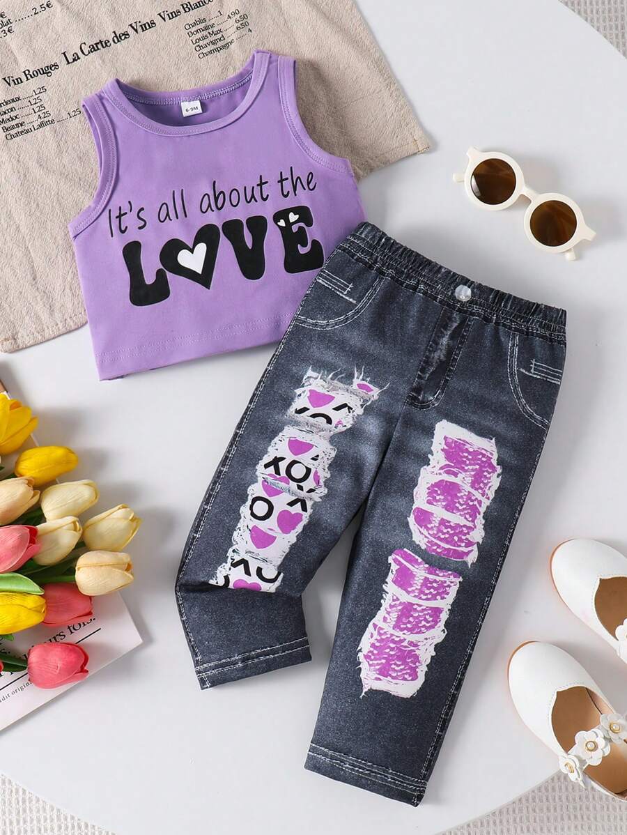 2pcs Baby Girls Fashion Crew Neck Letter & Heart Print Tank Top + Sequins Denim Effect Pants Casual Set, Summer'