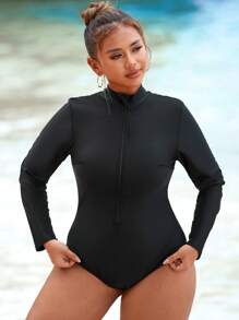 Plus Size Zipper Solid Color Long Sleeve Fitted Simple Stylish Casual Rash Guard For Summer Beach Vacation - Black - View 3