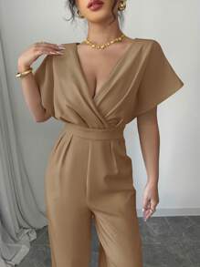 Elenzga Damen einfarbiger drapierter V-Ausschnitt Geraffter Taille Lässig Jumpsuit - Braun - Übersicht 4