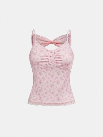 Fairycore Women's Retro Floral Print 3D Lace Bow Decor Camisole