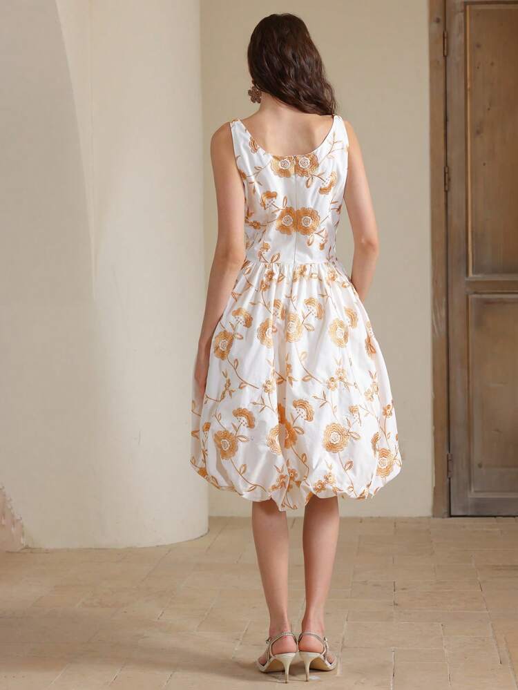 Elegant Women Spaghetti Strap Embroidered Waist Ruffle Midi Dress, Suitable For Summer, Beach, Festival, Holiday, Vacation