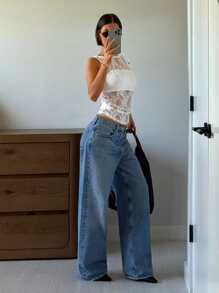 SHEIN Essnce Women's Elegant Solid Sheer Lace Camisole - White - View 5