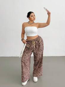 Flirla Plus Size Women Leopard Print Drawstring Waist Loose Straight Leg Pants, Western Wear - Multicolor - View 3