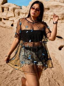 SHEIN EZwear Plus Size Blue Heart Decor & Ruffle Hem Mesh Short Sleeve Top, Suitable For Music Festivals, Spring/Summer - Multicolor - View 4