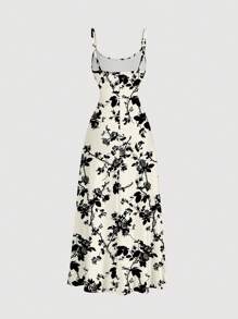 SHEIN MOD 休闲简约复古黑玫瑰轮廓印花束腰荷叶边下摆吊带长裙