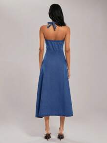 Forever 21 女士时尚性感前扣露背挂脖牛仔连衣裙 - 藍色 - 查看 2