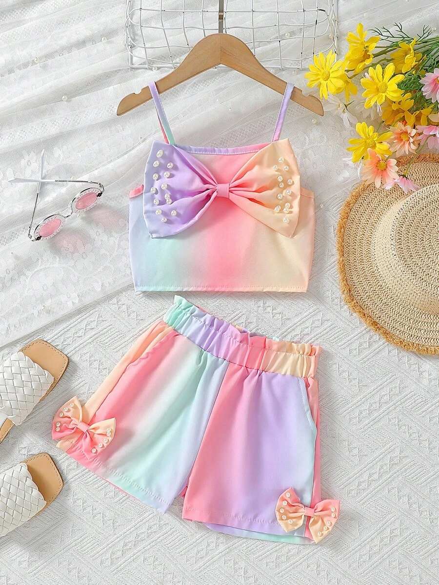 Summer New Fashion Stylish Rainbow 2pcs Set - Bowknot Pearl Cami Top + Matching Shorts, Cute Summer Outfit For Young Girl