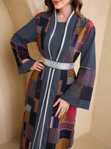 Al Najma 2 chiếc/bộ áo khoác cardigan dài in họa tiết chắp vá cho nữ và váy không tay - Màu xanh bụi bặm - Xem 6