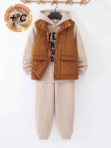 Conjunto de 3 piezas de ropa para niños preadolescentes: sudadera con capucha estampada con letras colegiales casuales, pantalones jogger de color liso y chaleco acolchado grueso y cálido, adecuado para la escuela, el jardín, la playa, el cumpleaños en otoño, primavera, verano e invierno