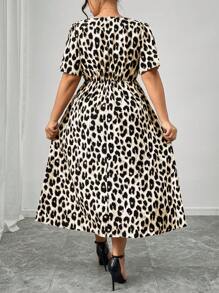 Firerie Plus Size Fall Vintage Leopard Print Kortärmad Kink Cinched midja Klänning - Aprikos - Visa 3