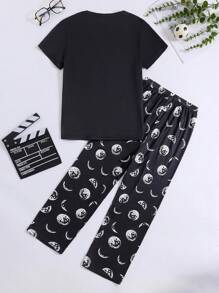 2pcs/Set Tween Boysoys Casual Funny Graphic Print Round Neck Short Sleeve T-Shirt And Pants Home Outfit - Black - View 2
