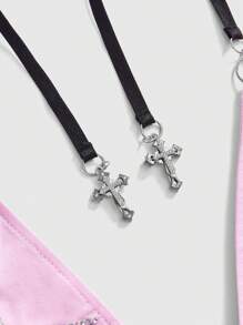 ROMWE Grunge Punk Áo bikini đính đinh tán phong cách Punk Rock của lễ hội âm nhạc Y2K những năm 2000, màu hồng nhạt - Nhiều màu - Xem 2