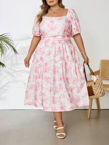 SHEIN CURVE+ Plus Size Women's Asymmetrical Flowers With Pink And White Prints, Holiday Women's Long Dresses, Parties, Milkers, Romantic Long Dresses For Spring/Summer Boho Vacation