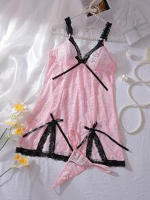 SHEIN 2Pcs Floral Lace Romantic Cute Y2K Black & Pink Music Festival Going-Out-Top Dress Sexy Nightgown For Women - Pink - View 6