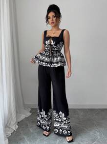 SHEIN Unity Bohemian Style Vacation Tank Top & Pants 2 Pieces Set For Women, Spring/Summer - Black - View 5