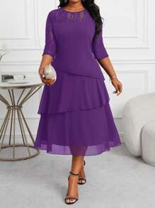 Fleurora Vestido midi de encaje con costuras, volantes y mangas huecas, para mujeres de talla grande, profesionales de negocios, en color púrpura. Ropa y vestidos de profesora, vestidos de otoño, vestidos de encaje, para las cuatro estaciones