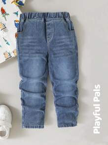 SHEIN Boy's Casual Simple Washed Tapered Jeans - Medium Wash - View 1