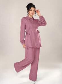 Graceveil Women 2pcs Set Front Button Long Sleeve Casual Blouse And Trousers 2 Pieces Set Modest Fall Cloth For Women - Pink - View 7