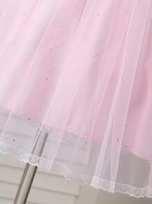 1 Stück Kleinkind Mädchen Mode elegantes, süßes, niedliches Rüschen Jacquard Mesh Puffärmel Kurzarm Pink Peplum Kleid, geeignet für Gastgeber, Aufführungen, Partys und weitere Anlässe - Pink - Übersicht 5