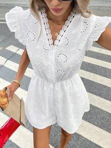 Serisse 女士撞色蕾丝 V 领盖袖刺绣连身裤