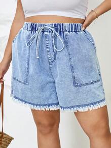 SHEIN CURVE+ Plus Size Women Drawstring Waist Fringe Detail Big Pocket Denim Shorts - Medium Wash - View 7