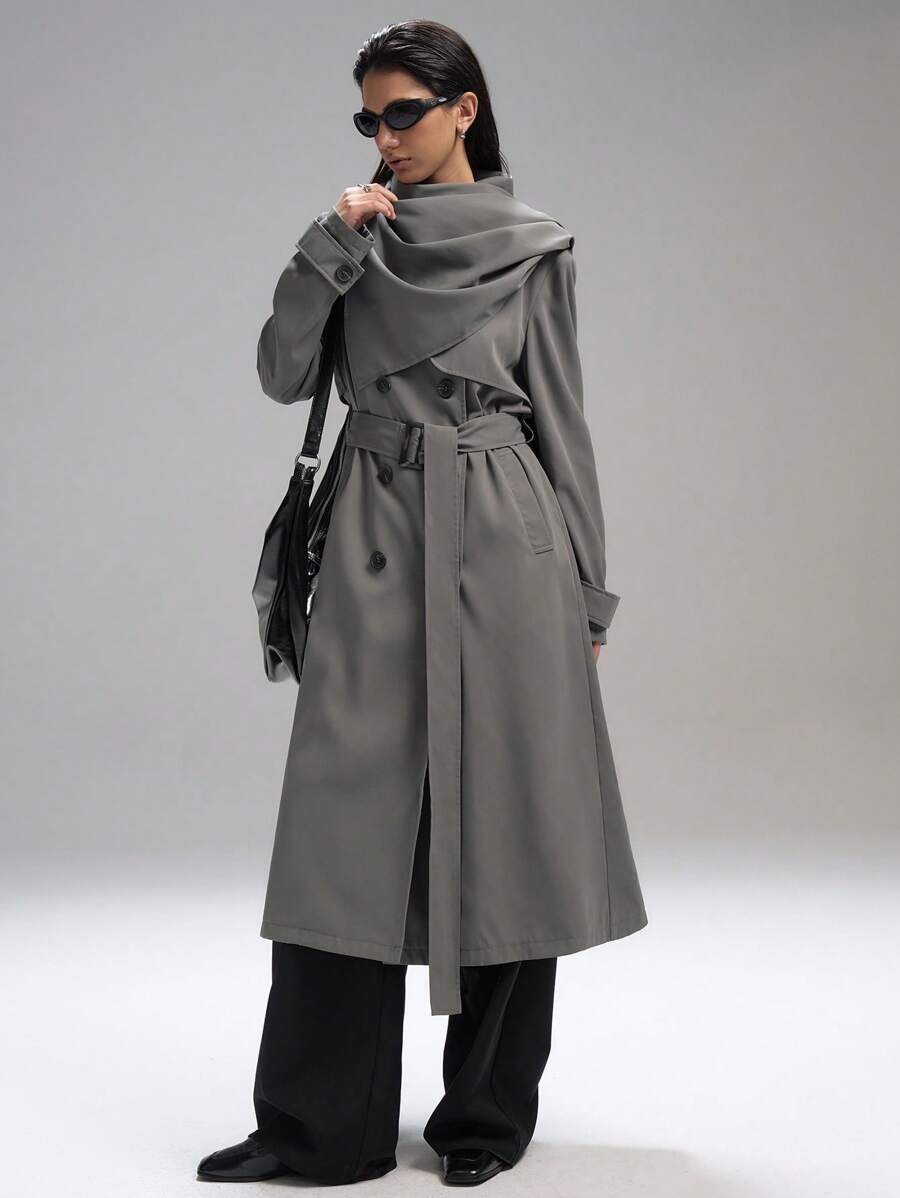 LYSMO Old Money Style Women's Solid Color Double-Breasted Removable Trench Coat For Office Spring - Grey - View 1