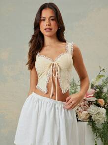 L'Amorae Camisola de verano informal con bloqueo de color, ribete de encaje, tirantes con lazo y dobladillo con abertura - Amarillo - Ver 4
