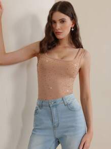 Anewsta Camiseta de tirantes para mujer elegante y versátil con ajuste ceñido y decoración de cristales, adecuada para verano, vacaciones, uso casual y ocasiones festivas
