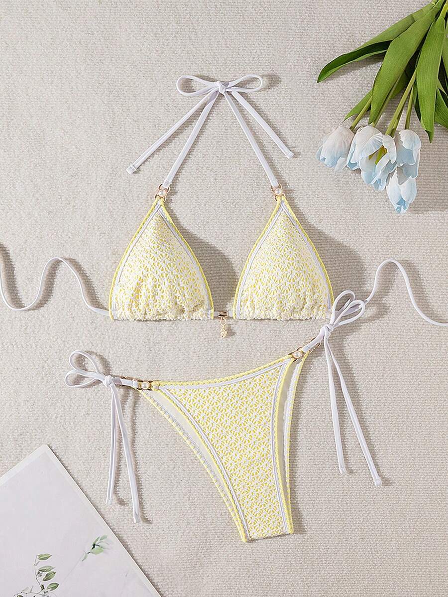 SHEIN Swim Bikini tam giác khoét sâu màu trơn vỏ sò và ngọc trai Springbreak dành cho nữ - Màu vàng - Xem 1