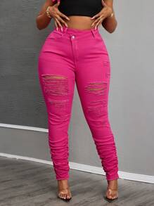 SHEIN SXY Plus Size Women Elastic Dusty Rose Ripped Tight Fit Jeans Women Summer Outfits  Pink Jeans - Hot Pink - View 5