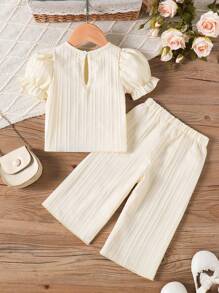 2pcs Baby Girl Casual Crew Neck Puff Sleeve Top And Wide Leg Pants Set, Style For Spring/Summer - Apricot - View 2