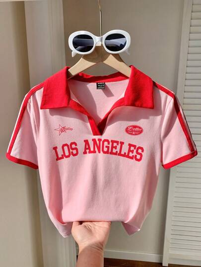 Comfortcana Camiseta ajustada con cuello polo de estilo retro y bloque de colores para mujeres