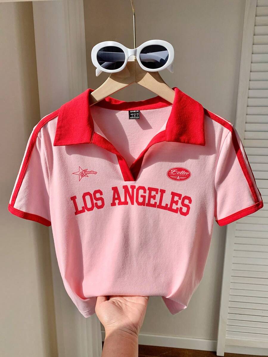 Comfortcana Camiseta ajustada con cuello polo de estilo retro y bloque de colores para mujeres - Rosa - Ver 1
