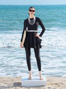 Swim Shayni Floral Embroidered Long Sleeve Round Neck Ruffle Top And Solid Color Burkini Bottoms Two-Piece Swimwear Sets, Women Casual Holiday BeachwearArabic Clothing For Summer Beach Vacation