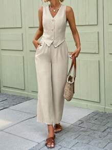 Easowa Conjunto de 2 piezas de chaleco y pantalones de tweed estilo oficina, estilo de dinero antiguo para mujer - Albaricoque - Ver 3