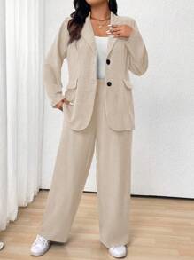 EMERY ROSE Bộ đồ vest thường ngày dài tay cổ ve màu trơn cỡ lớn cho nữ, mùa thu - Màu be - Xem 6